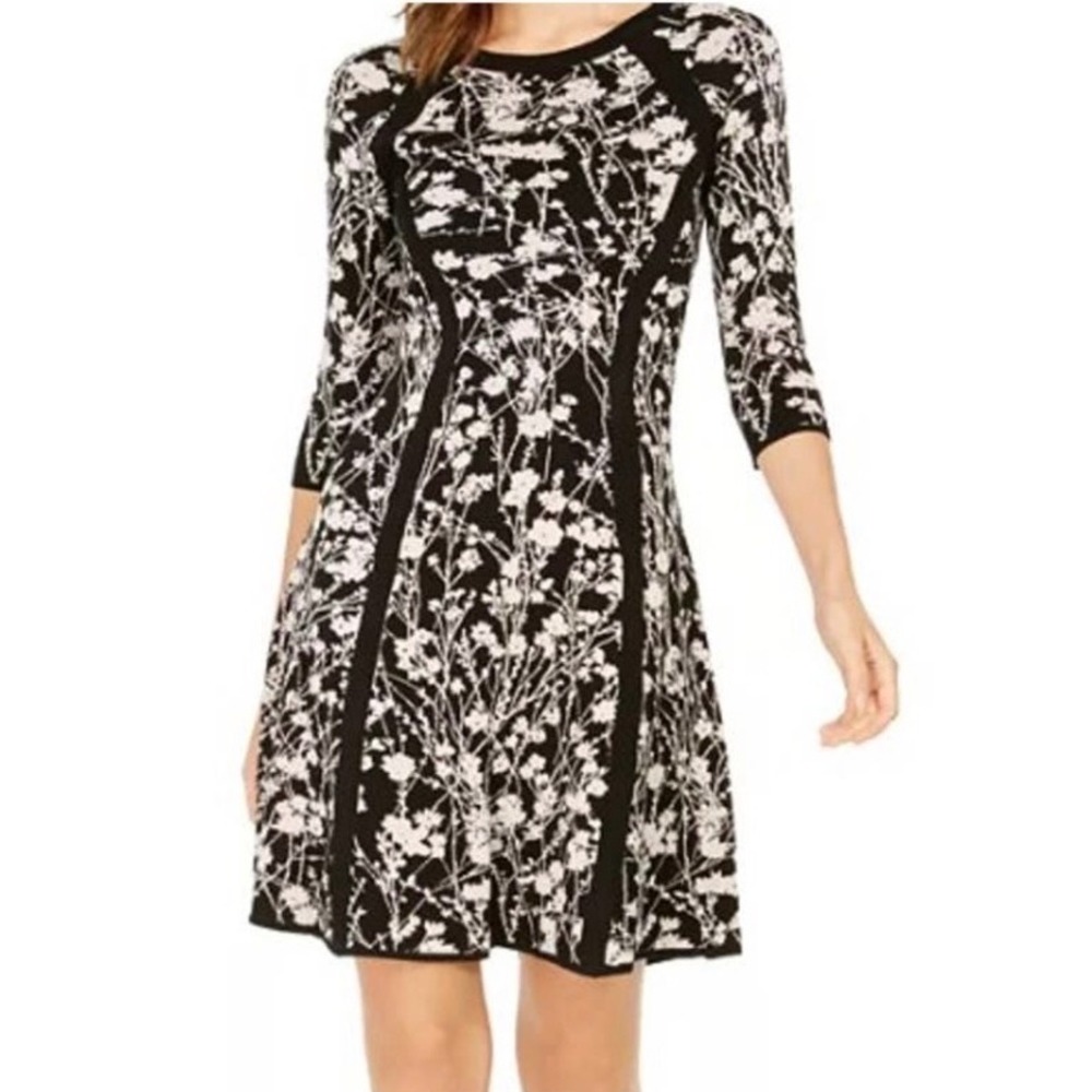 Taylor Woman Black White Floral Knit Fit and Flare Dress 3/4 Sleeve Plus 1X